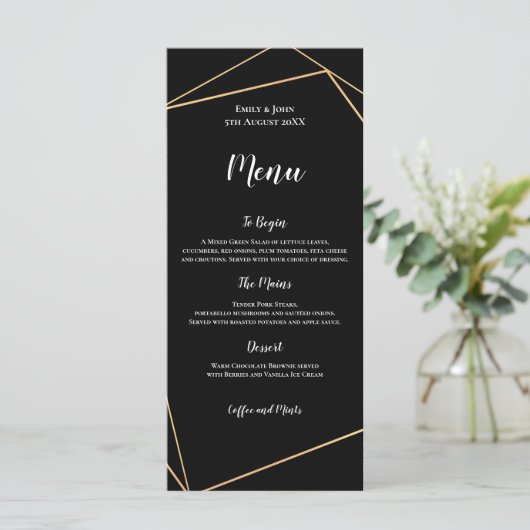 Elegant Zwart en Goud Geometrisch Lijst Bruiloft Menu (Staand voorkant)