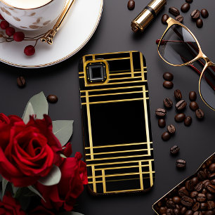Elegant Zwart en Goud Geometrische Art Deco iPhone 15 Mini Hoesje