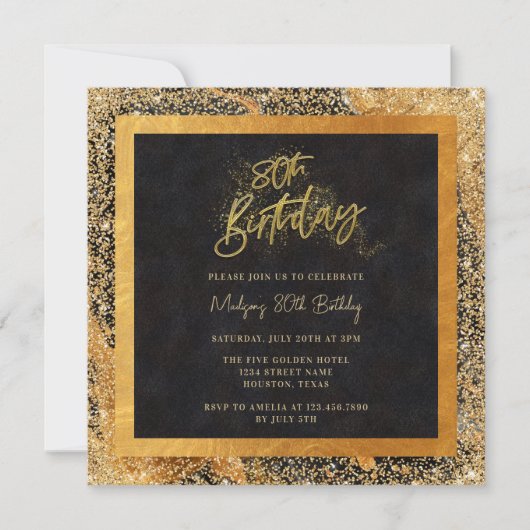 Elegant zwart en goud glitter 80ste verjaardagsfee kaart (Voorkant)