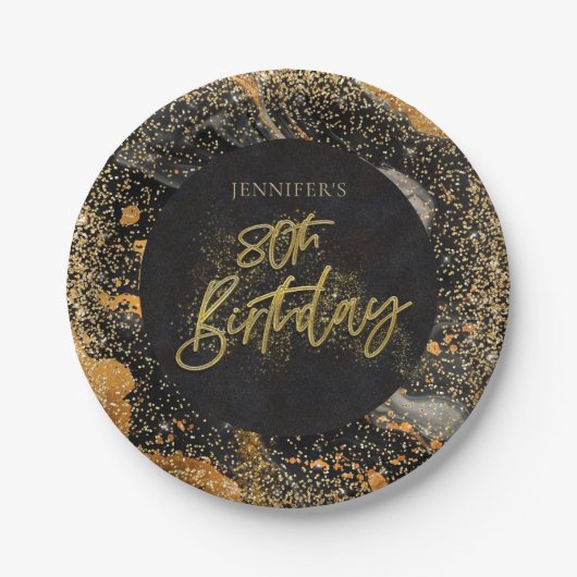 Elegant zwart en goud glitter 80ste verjaardagsfee papieren bordje (Voorkant)