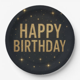 Elegant zwart en goud glitter Happy Birthday Papieren Bordje