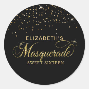 Elegant Zwart en Goud Glitter Masquerade Party Ronde Sticker