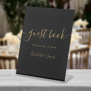 Elegant zwart en goud handtekening gastboek reclamebord met voetstuk
