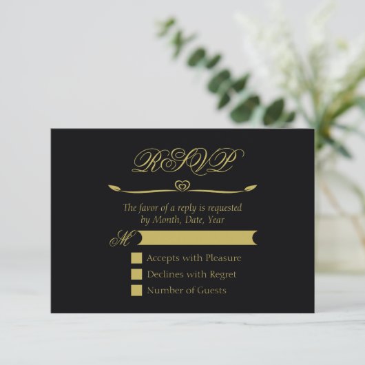 Elegant Zwart en Goud Hart Bloeiende Bruiloft RSVP Kaartje (Staand voorkant)