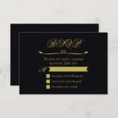 Elegant Zwart en Goud Hart Bloeiende Bruiloft RSVP Kaartje (Voorkant / Achterkant)