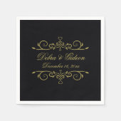 Elegant Zwart en Goud Hart Bloeiende Bruiloft Servetten (Voorkant)