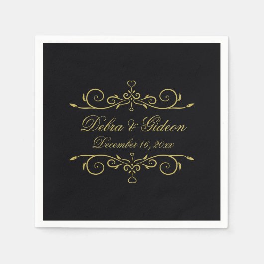 Elegant Zwart en Goud Hart Bloeiende Bruiloft Servetten (Voorkant)