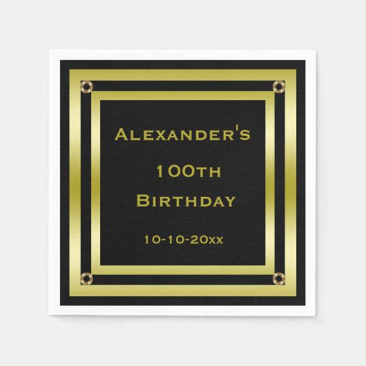 Elegant zwart en goud ingelijst Man 100e verjaarda Servetten (Voorkant)