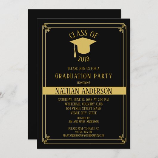 Elegant zwart en goud Lijst Graduation Party | Kaart (Voorkant / Achterkant)