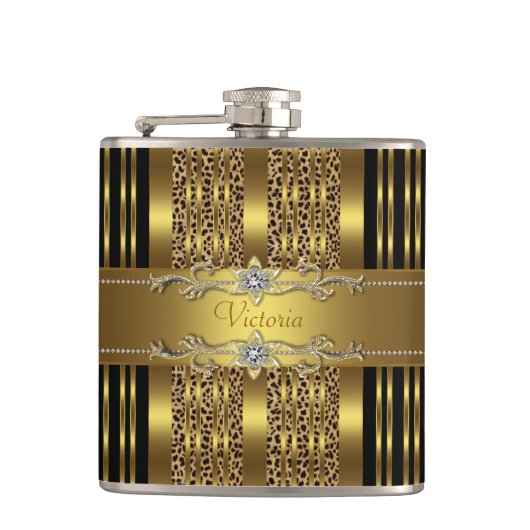 Elegant zwart en goud luipaard heupfles (Voorkant)