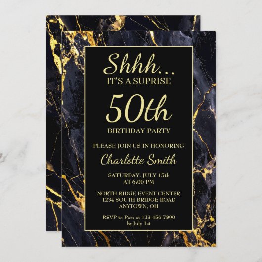 Elegant zwart en goud marmer 50ste verjaardagsfees kaart (Voorkant / Achterkant)