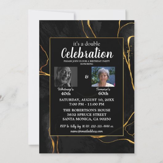 Elegant zwart en goud marmeren verjaardagsfeest kaart (Voorkant)