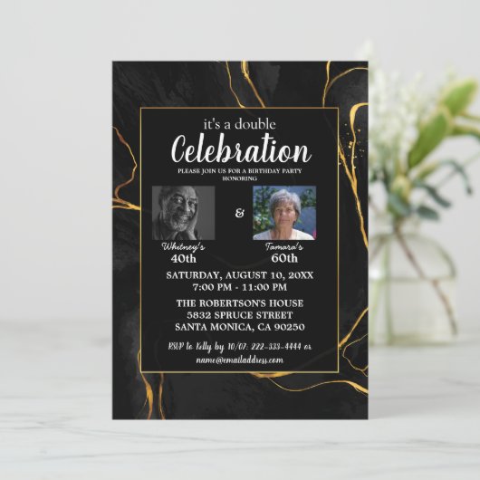 Elegant zwart en goud marmeren verjaardagsfeest kaart (Staand voorkant)