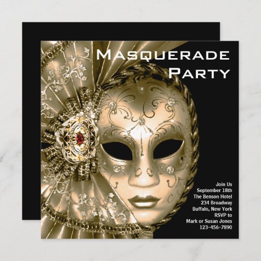 Elegant zwart en goud Masquerade Party Kaart (Voorkant / Achterkant)
