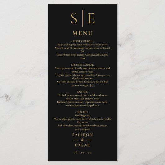 Elegant zwart en goud monogram bruiloft diner menu (Voorkant)