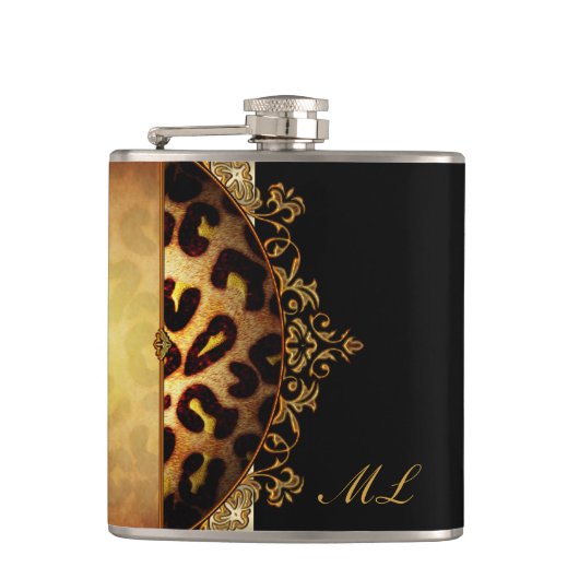 Elegant zwart en goud monogram luipaard heupfles (Voorkant)