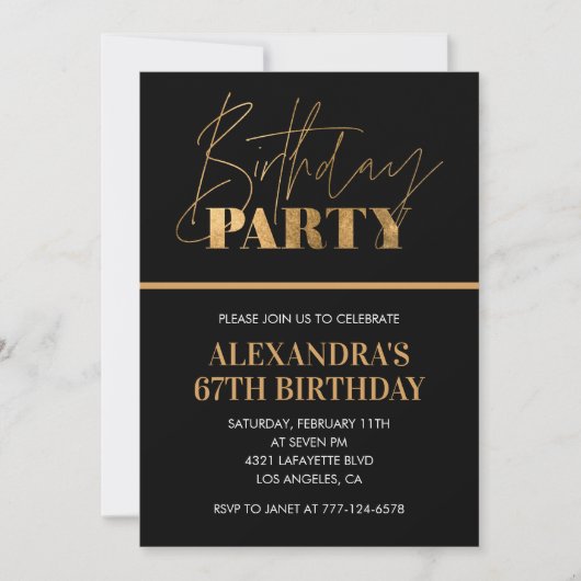 Elegant zwart en goud script 67ste verjaardagsfees kaart (Voorkant)