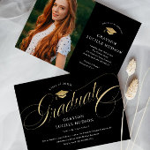 Elegant Zwart en Goud Script Photo Afstuderen Kaart