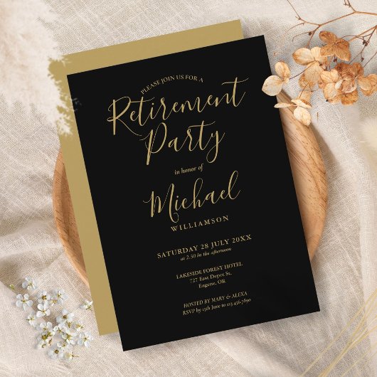 Elegant zwart en goud script verjaardagsfeestje vo kaart