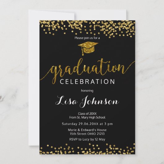 Elegant zwart en goud Sparkle Glitter Afstuderen Kaart (Voorkant)