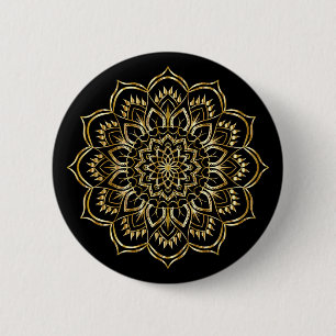 Elegant zwart en gouden bloemmotief mandala ronde button 5,7 cm