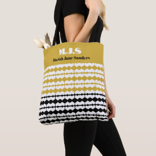 Elegant zwart en gouden patroon initialen en naam draagtas