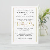 Elegant zwart en gouden script en rand bruiloft kaart (Staand voorkant)