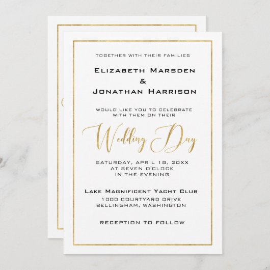 Elegant zwart en gouden script en rand bruiloft kaart (Voorkant / Achterkant)