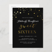 Elegant zwart en gouden ster Confetti Sweet 16 Uitnodiging Briefkaart (Voorkant / Achterkant)