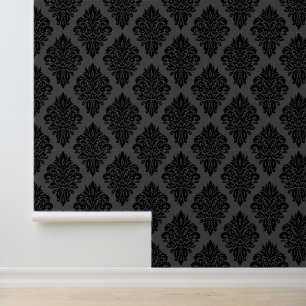 Elegant zwart en grijs fluwelen damast behang