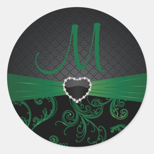 Elegant zwart en groen bloemenpatroon ronde sticker (Voorkant)