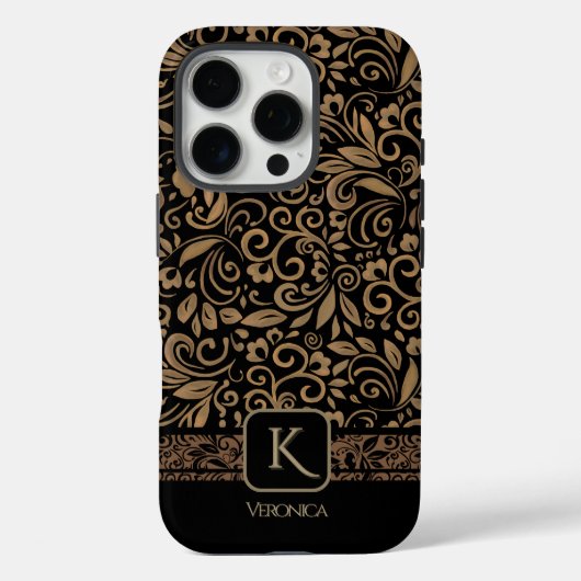 Elegant zwart en koper goud bloemenmonogram Case-Mate iPhone case (Achterkant)