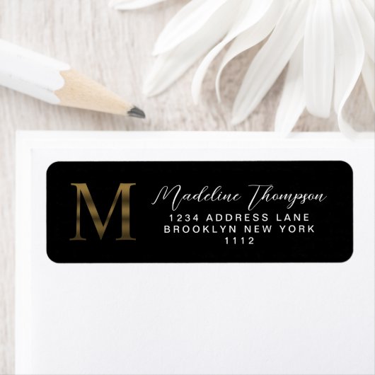 Elegant zwart en metallic goud monogram adres etiket (Insitu)