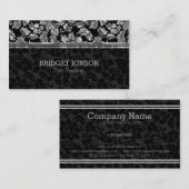 Elegant zwart en metallic grijs damast visitekaartje (Voorkant / Achterkant)