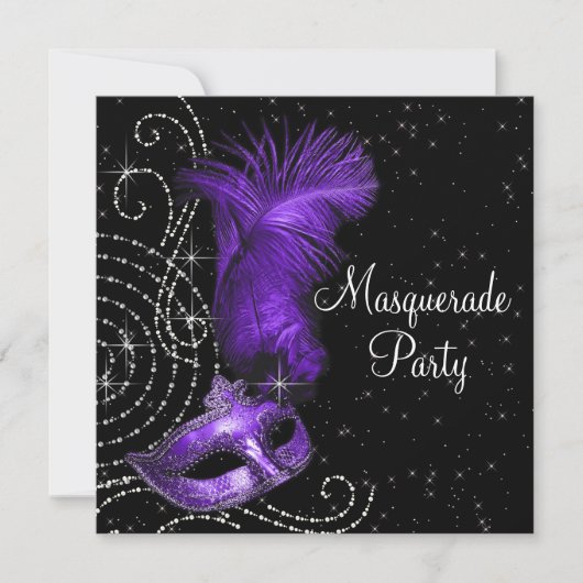 Elegant zwart en Paarse Masquerade Party Kaart (Voorkant)