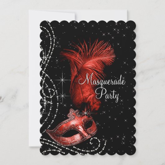 Elegant zwart en rood Masquerade Party Kaart (Voorkant)