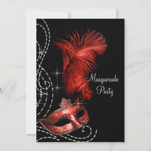 Elegant zwart en rood Masquerade Party Kaart (Voorkant)