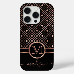 Elegant zwart en Roos gouden diamantpatroon iPhone 15 Pro Case