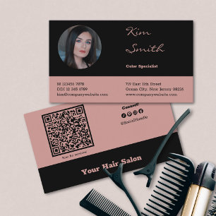 Elegant Zwart en Roze QR Code Hair Salon Medewerke Visitekaartje