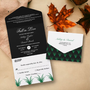 Elegant zwart en wit groen gras herfst bruiloft all in one uitnodiging