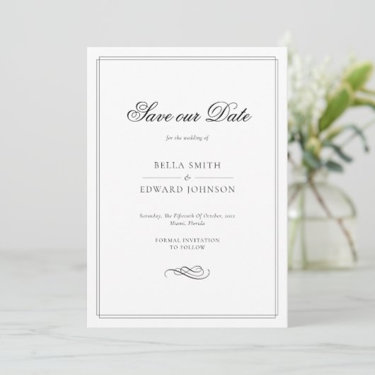Elegant zwart en wit sparen de Datum Kaart (Staand voorkant)
