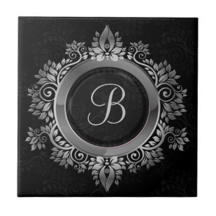 Elegant zwart en zilver enkel initiaal monogram tegeltje