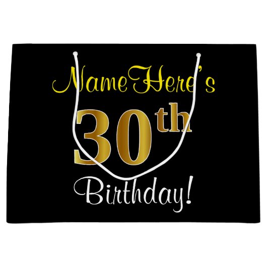 Elegant, Zwart, Faux Gold 30ste verjaardag + Naam Large Cadeauzakje (Voorkant)