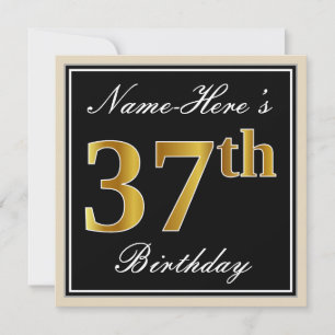 Elegant, zwart, Faux Gold 37th Birthday + naam Kaart