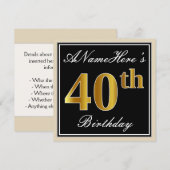Elegant, Zwart, Faux Gold 40ste verjaardag + Naam Kaart (Voorkant / Achterkant)