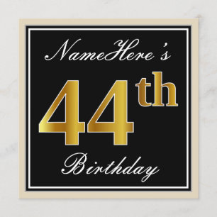 Elegant, zwart, Faux Gold 44th Birthday + naam Kaart