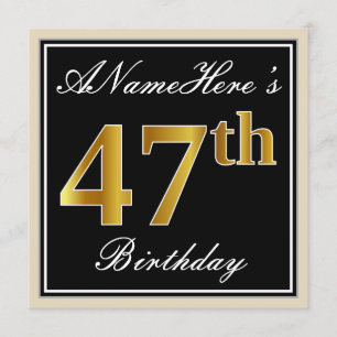 Elegant, zwart, Faux Gold 47th Birthday + naam Kaart