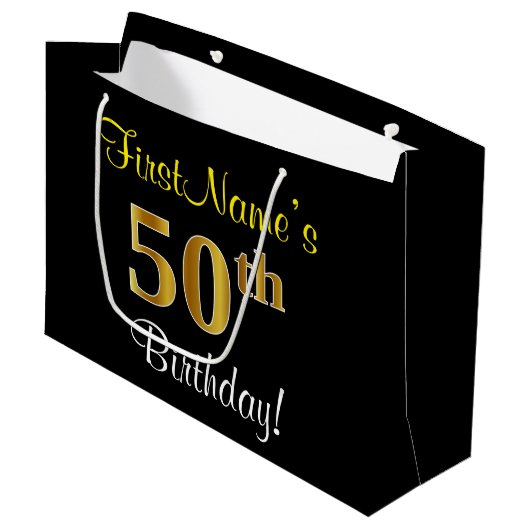 Elegant, Zwart, Faux Gold 50ste verjaardag + Naam Large Cadeauzakje (Voorkant Gekanteld)