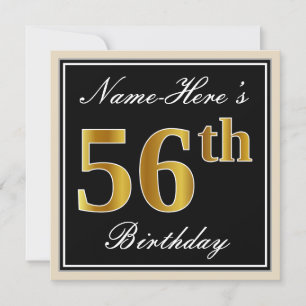 Elegant, zwart, Faux Gold 56th Birthday + naam Kaart