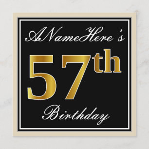 Elegant, zwart, Faux Gold 57th Birthday + naam Kaart